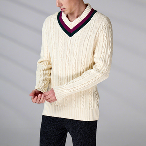 Custom Logo OEM ODM Men's Cable Knit V-Neck <b>Jumper</b> GOTS Cotton <b>Thick</b> Winter Pullover Regular Sleeve Knitted Sweater - Product Image 3