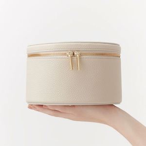Luxury <b>Beige</b> Leather Travel Big Stand Jewelry Packaging <b>Box</b> With Ribbon - Product Image 1