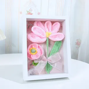 New Wholesale Hand Knitted Flowers Knit Tulip Set Crochet Flower Bouquet Wooden Photo Frame