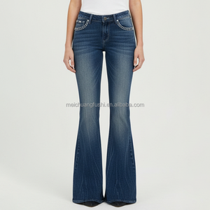 Jeans évasés personnalisés avec strass pour femmes, pantalon en denim vintage brodé en croix, taille haute, coupe <span class=keywords><strong>bootcut</strong></span>, fabricant OEM - Product Image 1