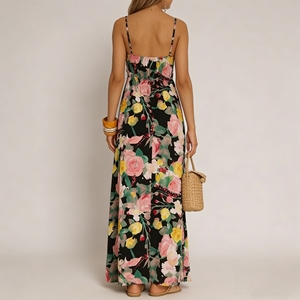 Vestido largo personalizado con estampado floral negro, cuello en V profundo, cintura con lazo, estilo bohemio para vacaciones <span class=keywords><strong>de</strong></span> verano en la playa, vestido afgano. - Product Image 4