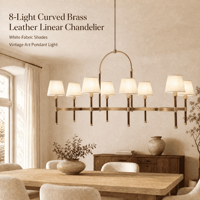 Lustre linéaire YH 8 lumières, grand modèle, en laiton vintage avec pendentifs en cuir et abat-jour en tissu blanc, lampe suspendue au design artistique incurvé