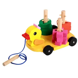 木制拖块小鸭拆卸车辆几何蒙特斯索里益智玩具