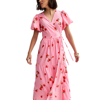 Robe midi rose à fleurs pour femme, manches bouffantes, avec liens latéraux, à volants, décontractée, pour l'été, vente en gros