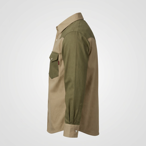 Camisa de Trabajo de Dos Tonos Verde Oliva y Beige, Manga Larga, Bolsillo en el Pecho, Ropa de Seguridad, Camisas FR con Protección de Nivel, Costuras Soldadas, Algodón - Product Image 1