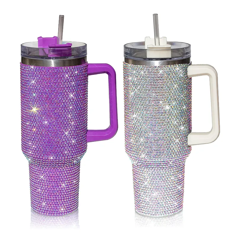 Großhandel Outdoor Camping Tasse Strass Nieten Bling Becher Full Bling Strass 40oz Becher mit Griff und Strohhalm