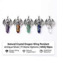 Pendentif Aile de Dragon en Cristal Naturel, Cadre Dragon en Argent Vieilli, Améthyste, Œil de Tigre, 11 Options de Pierres, Mystique, Hommes, Vente en Gros, OEM