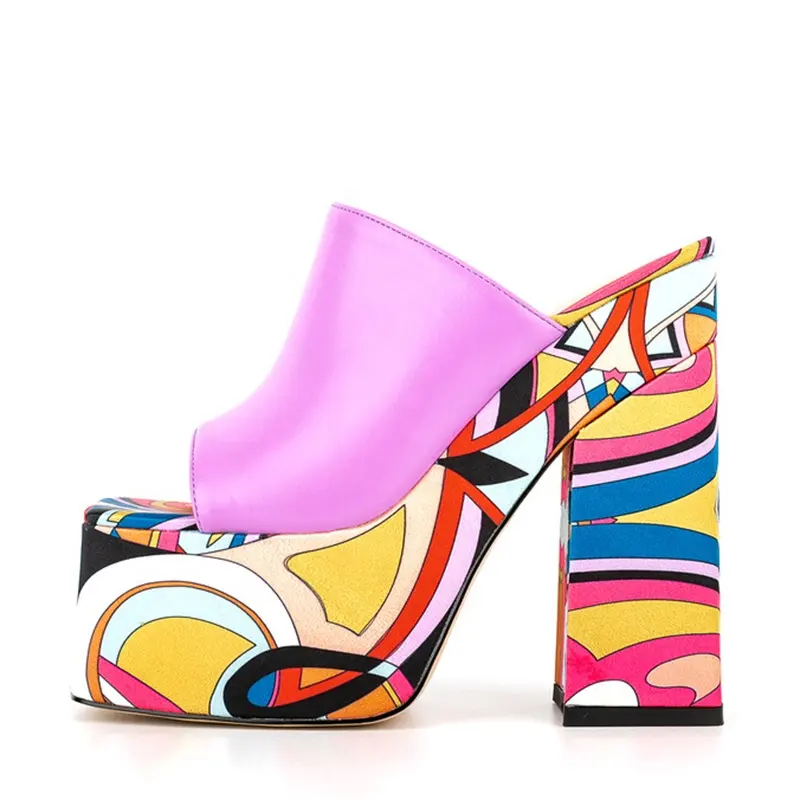 Art Graffiti Print High Block Heels Women's Thick Platform Sandals Ladies Summer Shoes Chunky Heel Mules Slippers