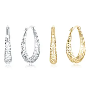 Classic Big Hoop Earring White Gold Plated 925 Silver Chunky Hollow Out Geometry Huggie Hoop Earrings Jewelry For Women