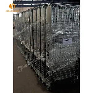 Returnable foldable and stackable metal zinc plate pet preforms wire mesh steel storage cargo pallet cages/box with wheels