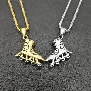 Collier Hip hop en acier inoxydable pour hommes, bijoux de sport, patins à roulettes, pendentif de chaussure de glace, paire dorée