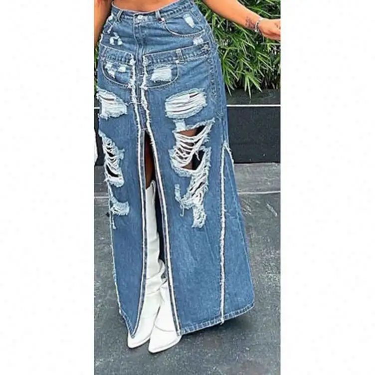 Saica jeans feminina alta com vários bolsos rasgados, bodycon lápis, saia longa maxi safari cargo 2024, saia jeans