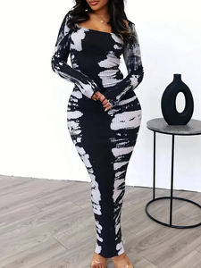 Abito lungo da donna Y2K tie-dye <span class=keywords><strong>a</strong></span> maniche lunghe, in maglia <span class=keywords><strong>a</strong></span> <span class=keywords><strong>costine</strong></span>, scollo quadrato, <span class=keywords><strong>aderente</strong></span>, modellante, per autunno inverno, da indossare <span class=keywords><strong>a</strong></span> strati - Product Image 4