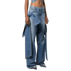 TWOTWINSTYLE Vente en gros Pantalon en jean chic décontracté avec nœud papillon et jean taille haute pour femmes