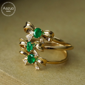 Aazuo 18K Solid Yellow Gold Real Diamonds Natural Emerald Everyday Wear Lovely Bowknot <b>Ring</b> Gift For Ladies <b>Kids</b> Birthday Party - Product Image 1