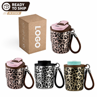 Tasses à café en acier inoxydable 304 à imprimé léopard RTS, avec couvercle à double ouverture et cordon de transport, tasse isotherme à double paroi pour le bureau