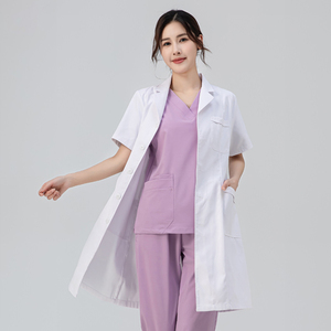 เสื้อกาวน์แพทย์สีขาวแขนสั้นสำหรับผู้หญิงและผู้ชาย เสื้อกาวน์ร้านขายยา ร้านขายสัตว์เลี้ยง ชุดทำงานเสริมสวย เสื้อกาวน์แล็บสีขาว ชุดยูนิฟอร์มโรงพยาบาล - Product Image 1
