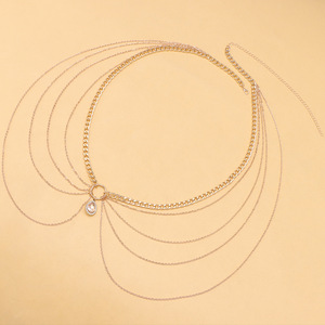 Cadena corporal geométrica de varias capas con diamantes de imitación para mujer, joyería de fiesta, aleación de zinc, color oro champán - Product Image 5