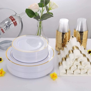 Assiettes de fête élégantes <span class=keywords><strong>en</strong></span> plastique avec couverts dorés et gobelets transparents – Ensemble de vaisselle jetable pour mariage, anniversaire, fête prénuptiale - Product Image 2