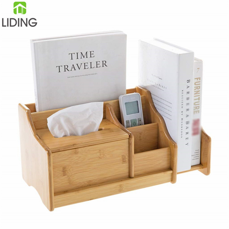 Bamboo Desktop Bookshelf with Tissue Box Storage Rack