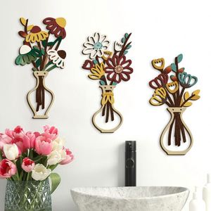 Decoración de Pared de Madera Estilo Bohemio Pastoral Personalizada de Fábrica con Jarrón con Patrón Floral, Adornos Artísticos para Colgar en la Pared para Sala de Estar - Product Image 1