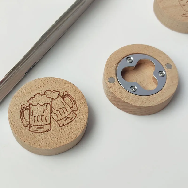 Factory Wholesale Custom Logo Blank Stainless Steel Magnetic Round Coaster Wooden Bottle Opener