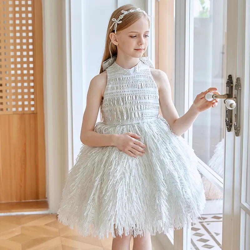 Enfants vente en gros vêtements licou argent Jacquard plume 3-12 ans enfants anniversaire mariage robe de soirée robe de demoiselle d'honneur pour le mariage