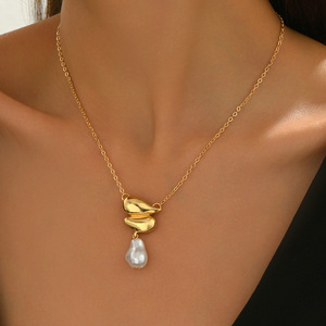 European American Style Women's Long Pearl <b>Necklace</b> Gold Chain Water Drop Pendant Clavicle Chain Everyday Wear - Product Image 2