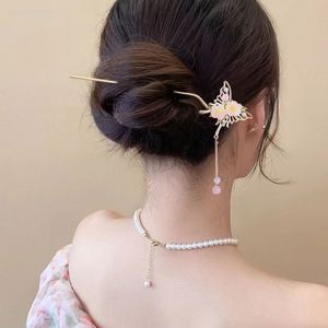 Épingle à cheveux style chinois, épingle à chignon Hanfu, bijou en métal, bâtonnet à cheveux vintage, fleur, papillon, pompon, épingles à cheveux, bijoux Hanfu - Product Image 2