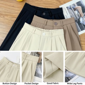 Nouveau pantalon de costume d'été pour femme, taille haute, avec poches, style bureau, coupe large, short - Product Image 3