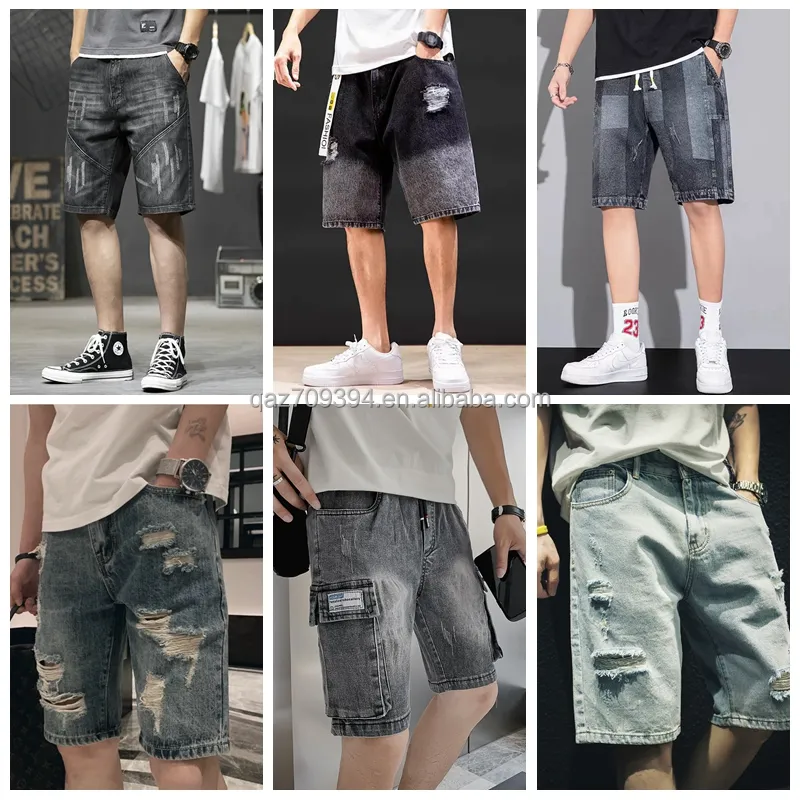 Wholesale light blue shorts men's perforated denim shorts