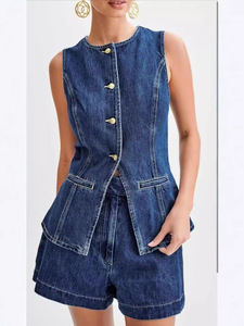 Denim 2 Pieces Outfits Summer Casual Sleeveless Women High Waist Denim Two Piece Shorts Sets For Women - Product Image 4