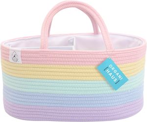 Cesta de Almacenamiento Portátil de Cuerda de Algodón para Juguetes y Pañales de Bebé, Diseño Arcoíris Pastel, Organizador de Pañales para Mamá con Asas - Product Image 1