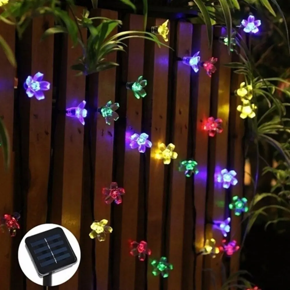50 LEDs 7M 복숭아 사쿠라 꽃 태양 램프 전원 LED 문자열 요정 조명 태양 화환 정원 크리스마스 조명 야외