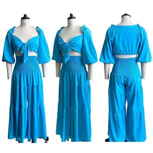 Women's Casual Tie-up Top Wide-leg Pants Pleated <b>Sexy</b> Solid Color 2-piece <b>Set</b> Fashion - Product Image 6