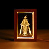 Vente en gros de cadeaux religieux catholiques avec cadre en bois et LED, gravure personnalisée, statues religieuses, artisanat religieux en cristal 3D