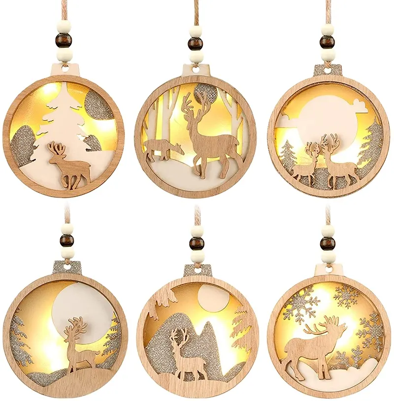 Farmhouse Rustic Ornaments Set Decorations Hanging Glitter Reindeer Wood Tree 3D LED Christmas Decorations