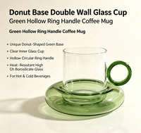 Wuso Handgefertigtes Hochwertiges Borosilikatglas Tasse und Untertasse Set Grüne Donut-förmige Untertasse Einzigartiger Ringgriff Becher für Kaffee Tee Latte 125ml