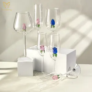 Novel Champagne Flutes Crystal Glasses Wine Glass With Pink Rose Flower Glass Rose Champagne Glasses