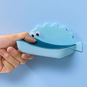 Cartoon Pufferfish Soap Dish Wall Mount Blue Plastic Drainable For Bathroom Student Use - Product Image 1