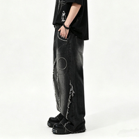 Jeans vintage pour hommes, coupe décontractée, taille mi-haute, denim délavé, style streetwear hip-hop pour l'automne et l'hiver