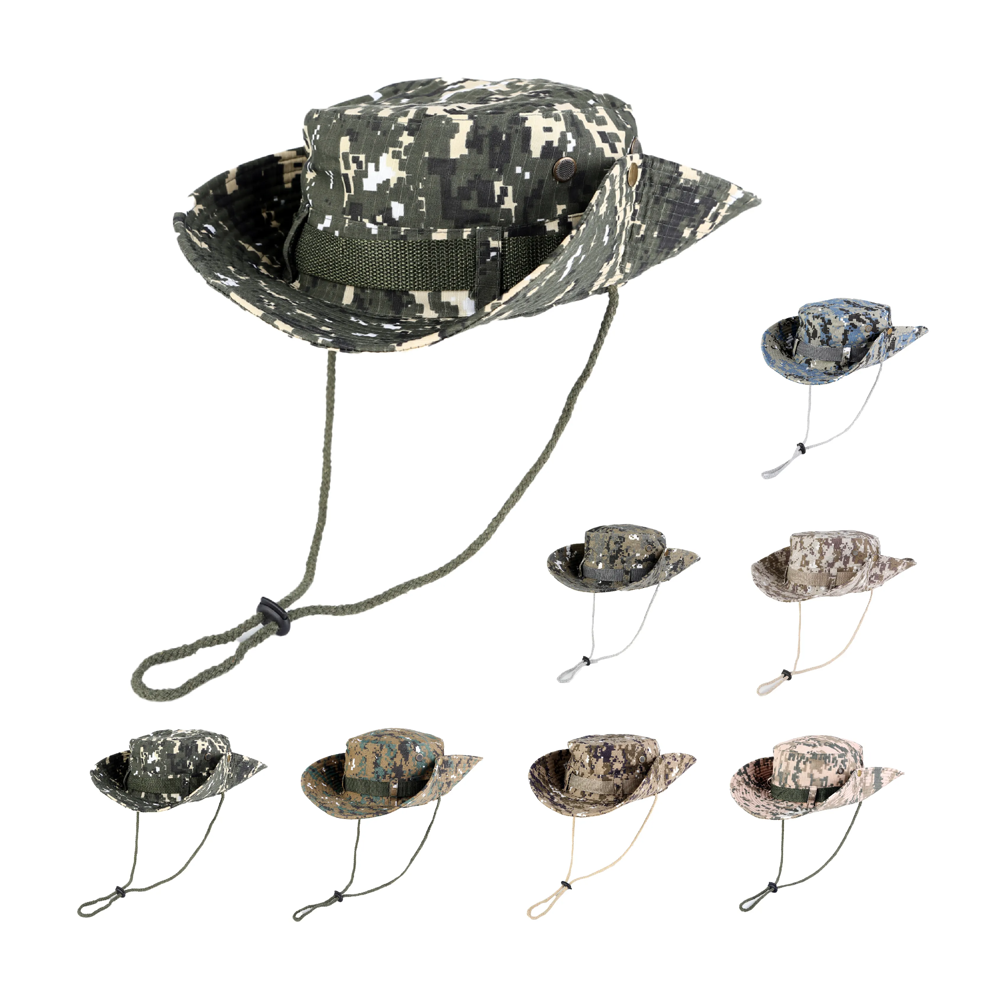 Wholesale cheap camo sun protection string bucket hat outdoor camping wide brim fisherman bucket hat caps
