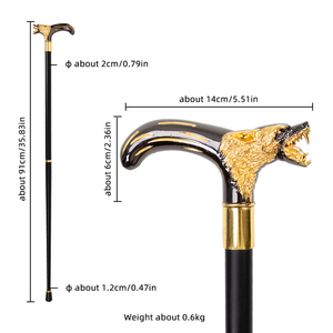 Canne de marche tête de loup noir et or, poignée métallique de luxe, bâton décoratif pour fêtes et mode, vente en gros - Product Image 2