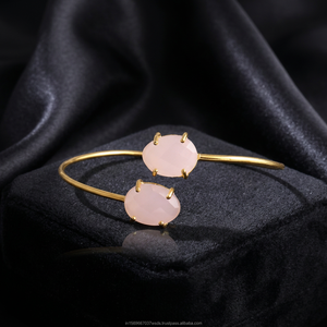 Pulsera Ajustable de Calcedonia Rosa de Moda al por Mayor, Bañada en Oro de 18k, con Doble Piedra Engastada, Joyería de Brazalete Abierto - Product Image 3