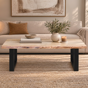 Table basse en bois d'acacia à bord naturel, plateau en dalle naturelle, pieds en fer noir, style moderne rustique, table rectangulaire pour salon, meubles de salon - Product Image 1