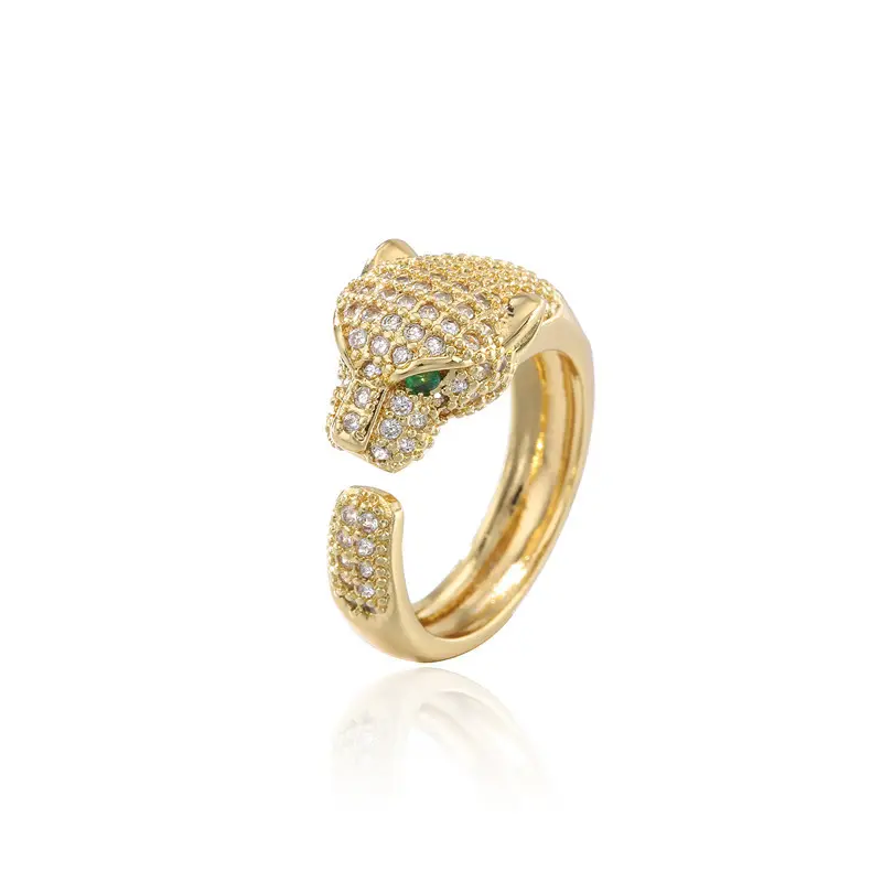 Classic Trend Copper Micro-Inlaid Zircon Ring Fashion Diamond Open Adjustable Leopard Head Ring
