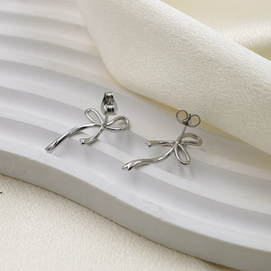 Bowknot Stud Earrings Steel Color Geometric Design Fashion Jewelry - Product Image 1