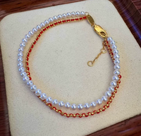Bracelet double rangs de perles d'eau douce certifiées, avec pierres rouges naturelles, bijoux fins à superposer, en stock