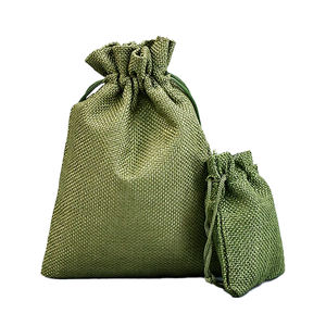 ジュエリーギフトラッピングとパッケージ黄麻布スタイルのためのカスタムグリーンベルベット巾着袋ミニリネンストリングポーチ - Product Image 3