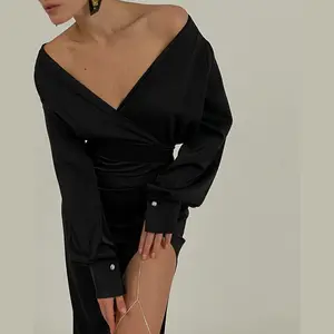 Sexy Hot Girl Long Dress Elegant Tight Skirt Slit Pleated Dress Women